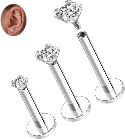 PEAKLINK G23 Titanium Labret Studs Lobe Earrings Lip Piercings Cartilage Earrings Helix Studs Internally Threaded Monroe Medusa Ring 18G 16G Tragus Conch Studs with CZ for Women Men 3 PCS in Saudi Arabia