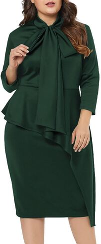LALAGEN Women's Plus Size Long Sleeve Peplum Tie Neck Bodycon Pencil Midi Dress in Saudi Arabia