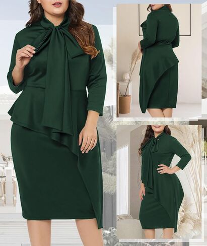 LALAGEN Women's Plus Size Long Sleeve Peplum Tie Neck Bodycon Pencil Midi Dress in Saudi Arabia