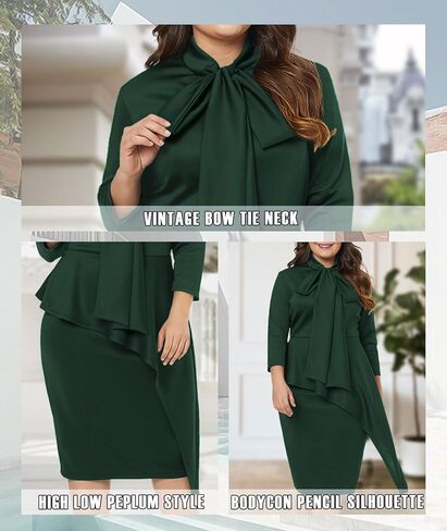 LALAGEN Women's Plus Size Long Sleeve Peplum Tie Neck Bodycon Pencil Midi Dress in Saudi Arabia