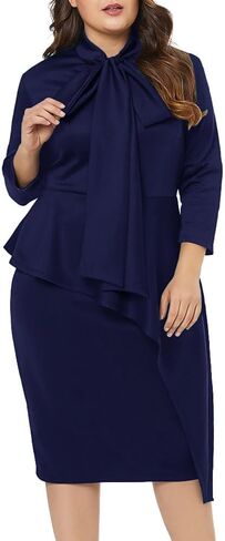 LALAGEN Women's Plus Size Long Sleeve Peplum Tie Neck Bodycon Pencil Midi Dress in Saudi Arabia
