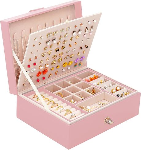 Girls Jewelry Box Earring Holder Organizer for Girls Earring Organizer Teen Jewelry Box Organizer for Girls Pink jewelry Boxes for Earrings Necklace Ring Stud Earring Box Organizer for Girls in Saudi Arabia