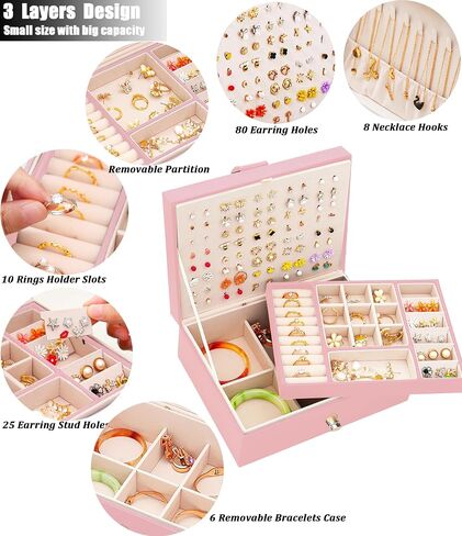 Girls Jewelry Box Earring Holder Organizer for Girls Earring Organizer Teen Jewelry Box Organizer for Girls Pink jewelry Boxes for Earrings Necklace Ring Stud Earring Box Organizer for Girls in Saudi Arabia