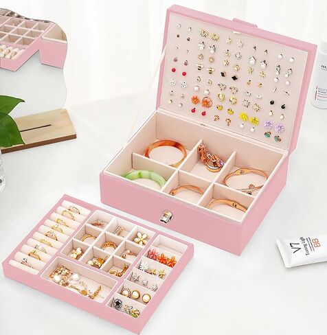 Girls Jewelry Box Earring Holder Organizer for Girls Earring Organizer Teen Jewelry Box Organizer for Girls Pink jewelry Boxes for Earrings Necklace Ring Stud Earring Box Organizer for Girls in Saudi Arabia
