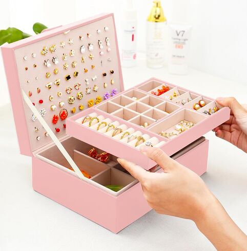 Girls Jewelry Box Earring Holder Organizer for Girls Earring Organizer Teen Jewelry Box Organizer for Girls Pink jewelry Boxes for Earrings Necklace Ring Stud Earring Box Organizer for Girls in Saudi Arabia