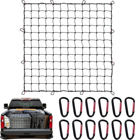 Cargo Net for Pickup Truck Bed 4' x 4' Stretches to 8' x 8' Ruck Bed Cargo Net with 12 Metal Carabiners - Truck Bed Accessories for Dodge RAM, Ford, Chevy, Toyota in Saudi Arabia