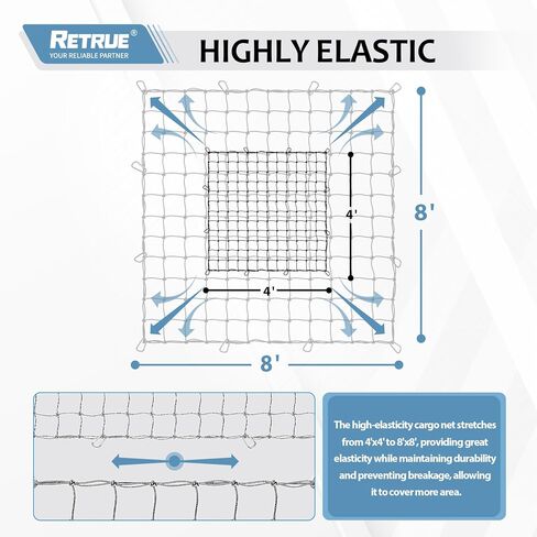 Cargo Net for Pickup Truck Bed 4' x 4' Stretches to 8' x 8' Ruck Bed Cargo Net with 12 Metal Carabiners - Truck Bed Accessories for Dodge RAM, Ford, Chevy, Toyota in Saudi Arabia