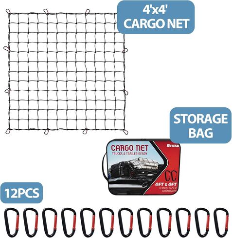 Cargo Net for Pickup Truck Bed 4' x 4' Stretches to 8' x 8' Ruck Bed Cargo Net with 12 Metal Carabiners - Truck Bed Accessories for Dodge RAM, Ford, Chevy, Toyota in Saudi Arabia