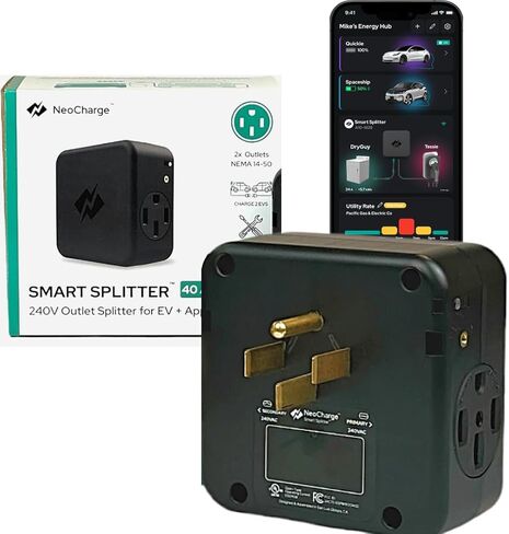 NeoCharge Smart Splitter NEMA 14-50 - تجنب ترقيات/إعادة توصيل اللوحة، معتمد من UL، التبديل التلقائي، فتح شحن السيارة الكهربائية المزدوجة (EV)، توفير عند التثبيت (240 فولت، 40 أمبير)... in Saudi Arabia