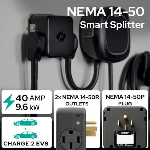 NeoCharge Smart Splitter NEMA 14-50 - تجنب ترقيات/إعادة توصيل اللوحة، معتمد من UL، التبديل التلقائي، فتح شحن السيارة الكهربائية المزدوجة (EV)، توفير عند التثبيت (240 فولت، 40 أمبير)... in Saudi Arabia
