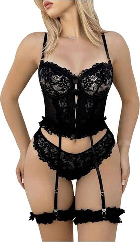 Women's 4 Piece Lingerie Set Floral Mesh Garter Corset Lace Underwire Lingerie Bra and Panty Set in Saudi Arabia