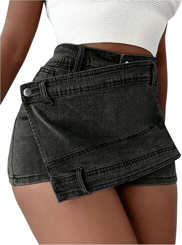 SHENHE Women's Vintage Mini Denim Skorts Wrap Overlay Irregular Stretchy Cargo Shorts in Saudi Arabia