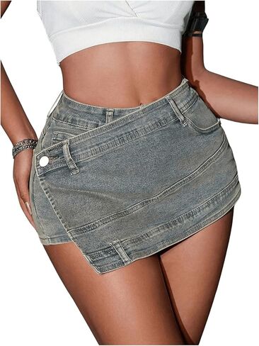 SHENHE Women's Vintage Mini Denim Skorts Wrap Overlay Irregular Stretchy Cargo Shorts in Saudi Arabia