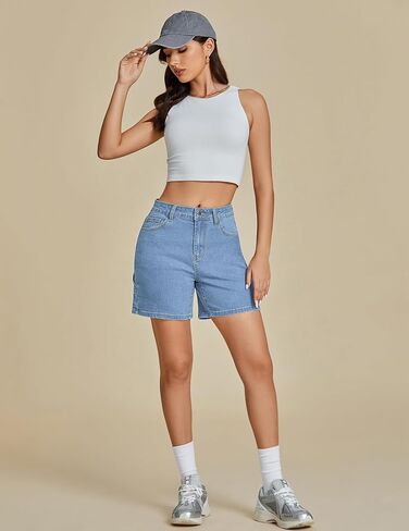 Luvamia شورتات جينز للنساء عالية الخصر العصرية عادية فائدة بسط الدينيم Jorts قطع السراويل الطويلة مع جيوب in Kuwait