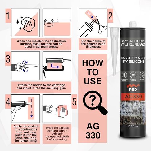 Adhesive Guru AG330 High Performance RTV High-Temp Silicone Gasket Maker and Sealant 10.5 fl oz, Heat Resistant from 104ºF to 572ºF, Red – 1 Pack in Saudi Arabia