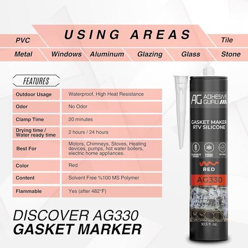 Adhesive Guru AG330 High Performance RTV High-Temp Silicone Gasket Maker and Sealant 10.5 fl oz, Heat Resistant from 104ºF to 572ºF, Red – 1 Pack in Saudi Arabia
