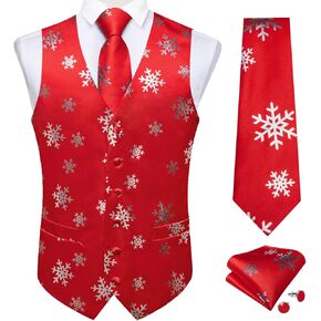 DiBanGu Mens Christmas Suit Vest Red Snowflake Holiday Xmas Waistcoat Tie Pocket Square Cufflinks Festival Party Gifts L