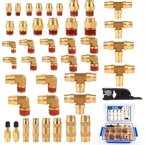 MICTUNING 43 PCS Brass DOT Air Brake Line Fittings Assortment Kit, 1/8" 1/4" 3/8" 1/2" Push to Quick Connect Fittings & NPT Thread Tube Air Hose Fittings Repair Kit for Truck or Industrial Air System