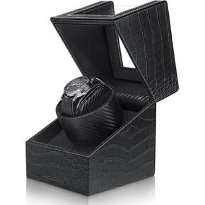 JQUEEN Single Watch Winder, Black Watch Winder Crocodile Pattern Leather with Quiet Japanese Motor
