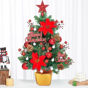 HUAESIN Christmas Decor Small Prelit Xmas Tree with Poinsettias Artificial Tabletop Lighted Mini Christmas Tree with Ornaments Pinecones Berries Indoor for Office Desk Home Party Winter Decorations