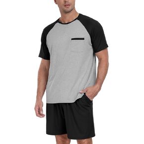 PrinStory Mens Pajama Set Summer Pjs Sleepwear Nightwear Lightweight Quick Dry Soft Short Sleeve Pjs Sleep Set With Pocket