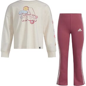 adidas Girls' 2-Piece Long Sleeve Graphic Tee & Flare Pant Set, Oatmeal Heather Pink, 6X