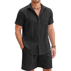 COOFANDY Mens Beach Outfits for Vacation 2 Piece Short Set Guayabra Sets Resort Wear