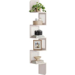 VASAGLE 5-Tier Corner Shelf, Wall Mounted Floating Shelf, Zigzag Corner Shelf Unit, PVC Rattan Sides, Space-Saving, for Kitchen, Living Room, Bedroom, Boho Style, Ash Black ULLS582B21
