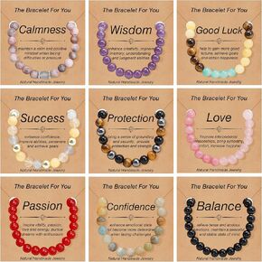 BOMAIL 9 PCS Healing Crystal Bracelets for Women 8 MM Natural Stone Beaded Bracelet Protection Anxiety Spiritual Stretch Bracelet for Women Men