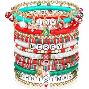 14 Pcs Christmas Bracelets Women, Colorful Stretch Bracelet with Copper Bell, Christmas Jewelry Bulk, Christmas Friendship Bracelets, Xmas Tree Snowflake Red Green Bracelet for Christmas Gifts
