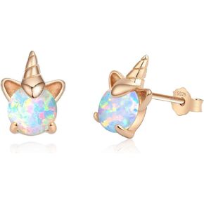 Rose Gold Unicorn Earrings for Girls, Hypoallergenic S925 Sterling Silver Stud Earrings ARSKRO Fire Opal Mini Tiny Cute Animal Earring Jewelry Gifts for Kids