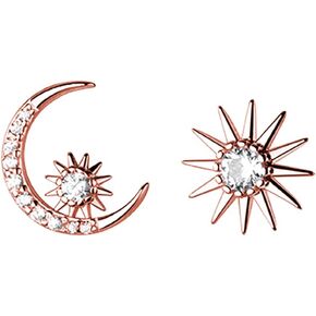 Reffeer Solid 925 Sterling Silver CZ Moon Star Earrings Stud for Women Teens Moon Sun Studs Earrings Asymmetric