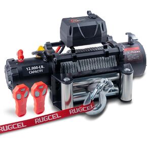 RUGCEL WINCH 12000lb 12V Truck Waterproof Electric Black Steel Rope Electric Winch with Roller Fairlead,Wired Handle,2 Infrared Remote Control,Jeep Trailer Winch