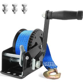 Boat Trailer Winch 1600LBS Hand Winch with 26ft Blue Winch Strap, 4:1 Gear Portable Winch with Hook, 2 Way Ratchet Manual Winch for Jet Ski Boat Towing Pulley Drag Winch