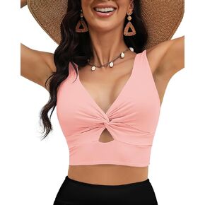 LookbookStore Tankini Tops for Women Cut Out Long Bikini Top Twist Knot Padded Adjustable Swimsuit Tops Only Resort Wear