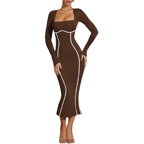 Lrady Women's Square Neck Dresses Long Sleeve Contrast Binding Split Bodycon Mermaid Evening Cocktail Party Dress