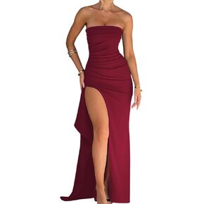 Women's Sexy Strapless Backless High Split Long Maxi Dress Ruched Off Shoulder Sleeveless Bodycon Party Cocktail Dresses