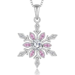 YL Snowflake Christmas Winter Necklace for Women, Solid Sterling Silver 18K White Gold Plated Birthstone Halo Pendant Box Chain Jewelry