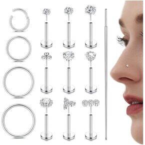 Florideco 14K Gold Filled Nose Rings Studs 316L Surgical Steel CZ Threadless Nose Rings for Women Men Push in Flat Back Nose Rings Stud nostril Tragus Helix Piercing Jewelry
