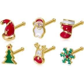 6Pcs 20G Christmas Elements Nose Rings Studs for Women Stainless Steel Straight Post Nose Rings Cute Santa Claus Elk Christmas Tree Nose Nostril Piercing Jewelry