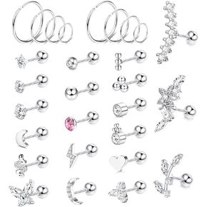 BESTEEL 28 Pcs 16g Cartilage Earring Stud Hoop for Women Tragus Stud Earring Cartilage Piercing Jewelry Surgical Steel Forward Helix Earrings Hoop Rook Daith Conch Piercing Jewelry