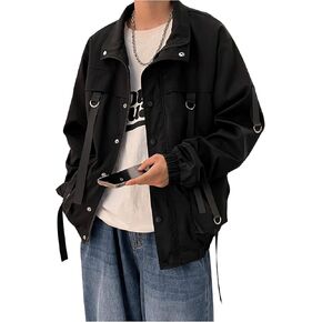 SHENHE Men's Techwear Jacket Full Zip Button Loose Bomber Jacket Hip Hop Streetwear Jacket