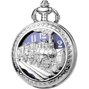 SIBOSUN Antique Men Pocket Watch with Chain 3D Locomotive Steam Train Railroad Hollow with Box