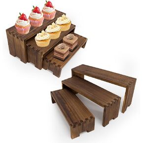 6-Piece Wood Display Risers Set - 2 x 3-Tier Rectangular Stands, Layered Aesthetic Shelves for Cupcakes, Jewelry, Craft Displays, Ideal for Funko Pops, Tabletop Exhibits, & Vendor Displays (carbonized, 6 Pack)