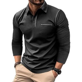 Men’s Casual Long Sleeve Polo Shirts Classic Button Down Golf Shirt Cotton Tops with Decorative Pocket