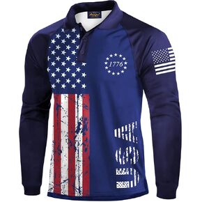 Mainfini Men's Long Sleeve 1776 Golf Shirt USA Flag Graphic Button Polo Shirt (S-3XL)
