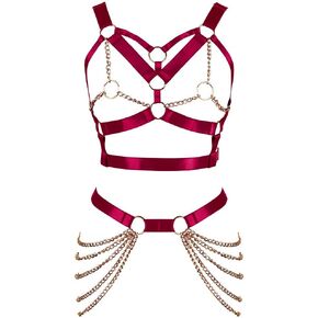 Women's Full Cage Body Chain Lingerie Harness Sling Waist Belt Chest Sling Punk Gothic Adjustable Size Stretch Fabric Halloween Rave (Wine Red)
