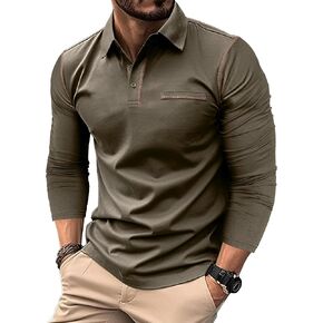 Men’s Casual Long Sleeve Polo Shirts Classic Button Down Golf Shirt Cotton Tops with Decorative Pocket