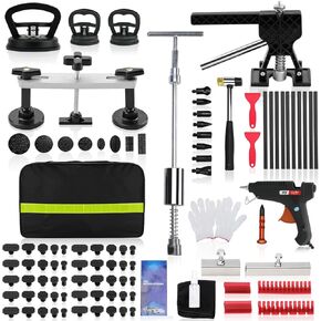 طقم إصلاح دنتات احترافي مكون من 100 قطعة، أدوات إزالة دنت إصلاح الجسم بنفسك مع رافع دنت أسود، جسر، ساحبة على شكل حرف T، كوب شفط ومسدس غراء لإصلاح هيكل السيارة in Kuwait