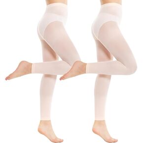 MANZI 2 Pairs Girl's Footless Dance Tights Ultra Soft Pink Ballet Tights Opaque Solid Colored Tights Leggings Kids 4-14t
